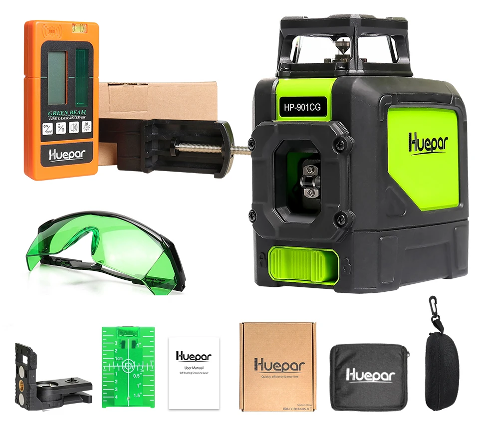 Huepar лазерный уровень зеленый луч перекрестный лазер самонивелирующийся 360 градусов с 2 режимами Pluse+ Huepar лазерный приемник+ Huepar лазерные очки