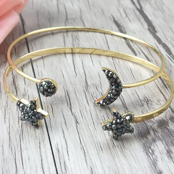 

5pcs star and moon shaped Metal electroplated gold cuff bangle, pave Crystal Zircon around fashion druzy bangle BG164
