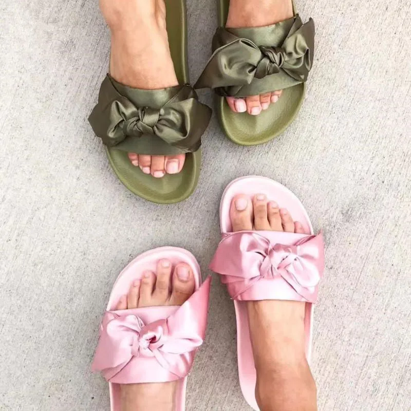 

2017 New Stylish Beach Vocation Dress Shoes Women High Quality Flat Slides Bowtie Embellished Sandals Wholesale Drop Shipping