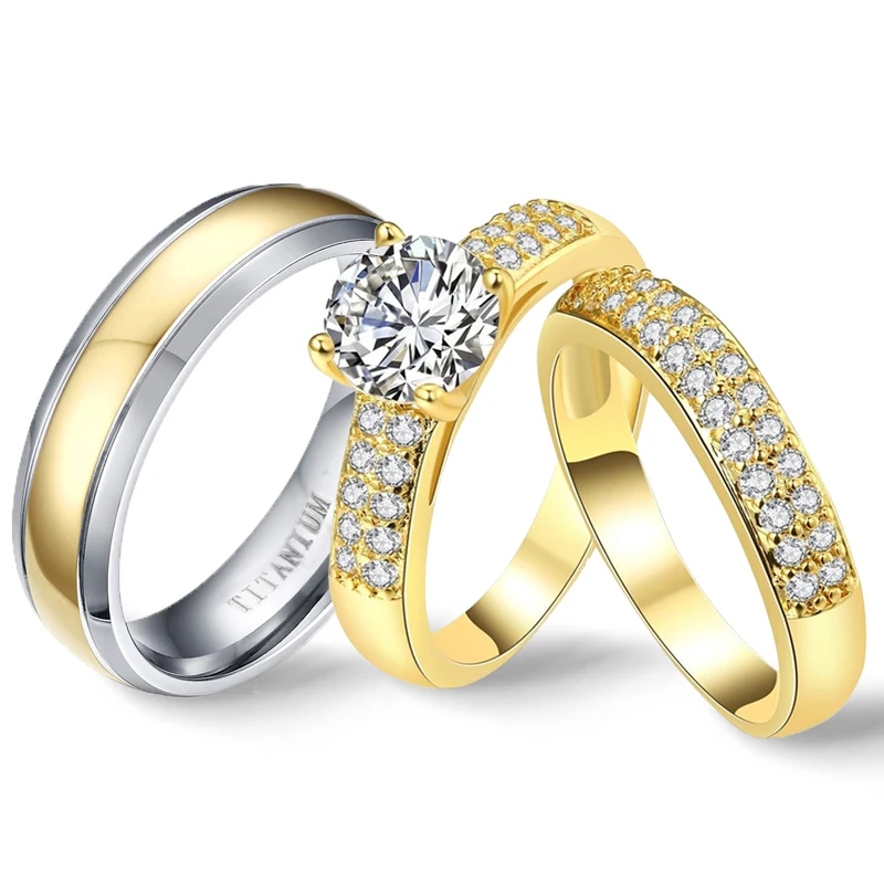 

Pure Titanium Engagement Rings Couple Luxury Gold Cubic Zirconia Bridal Ring Set for Girl Wedding Bands Godly Jewels 2019 New