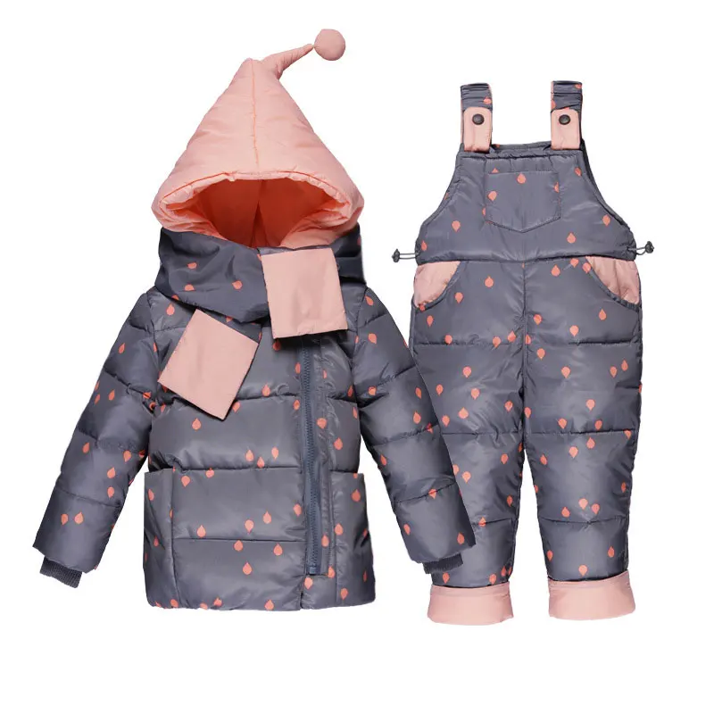 

2018 Autumn Winter Girl Coat Printing Zipper Down Jacket + Down Pants Set Polyester Kit For Boy Hooded Baby Suit Free Shipping