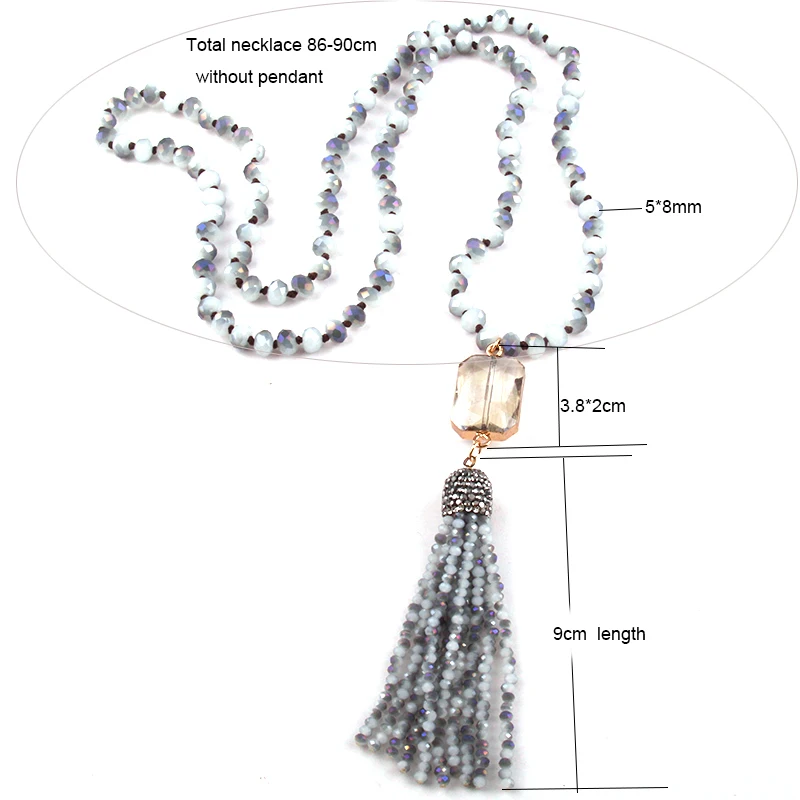 Модное богемное Ювелирное стекло с длинным узлом прямоугольный Хрустальный звено ожерелье с кисточками для женщин
