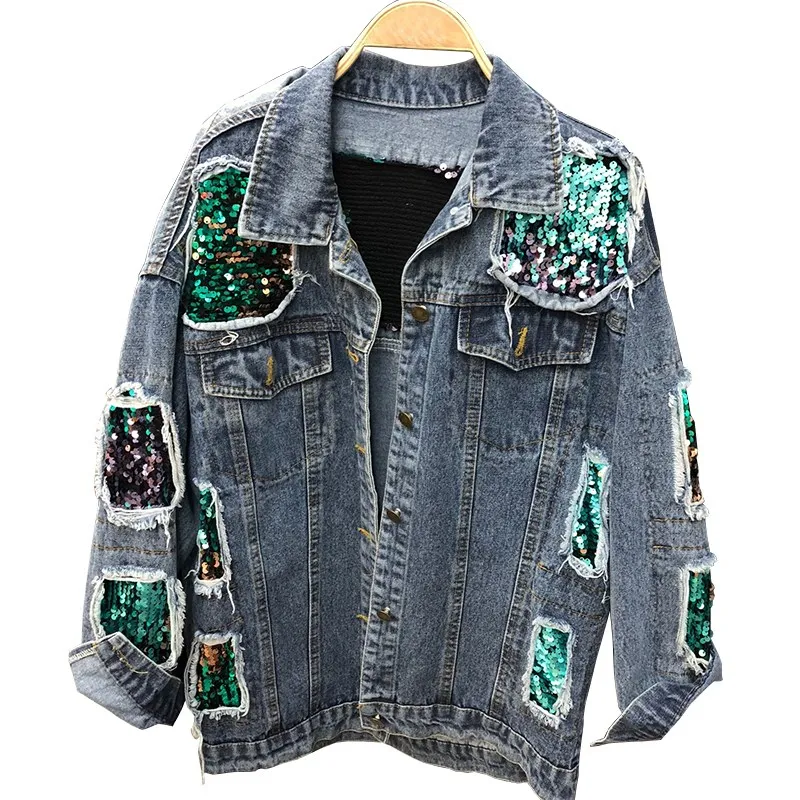 Women Casual Denim Sequin Jackets Fashion Long Sleeve Holes Basic Denim Jacket Vintage Loose Patchwork Sequined Jeans Jacket