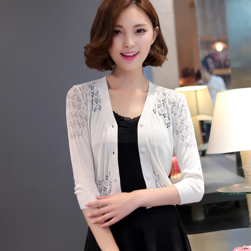 

Short cardigan female 2018 summer new Korean V thin small shawl collar jacket sweater sweater sunscreen conditioner