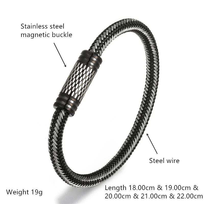 NEW Fashion Black and white Braided Steel Wire Bracelet Magnetic Buckle Simple Style Wristband Men Stainless Steel Bracelet Male