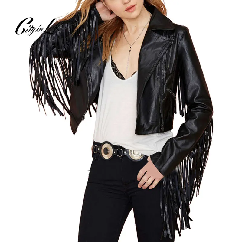 City Women Tassels PU Jacket Coat Long Sleeve Tassels Boyfriend Style