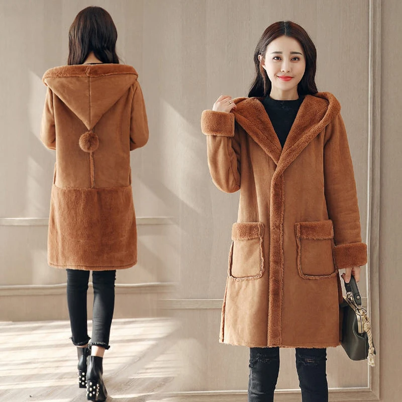 2017 Winter Women Medium Long Faux Lambs Wool Hooded Coat Thick Warm Shearling Coats Faux Suede 