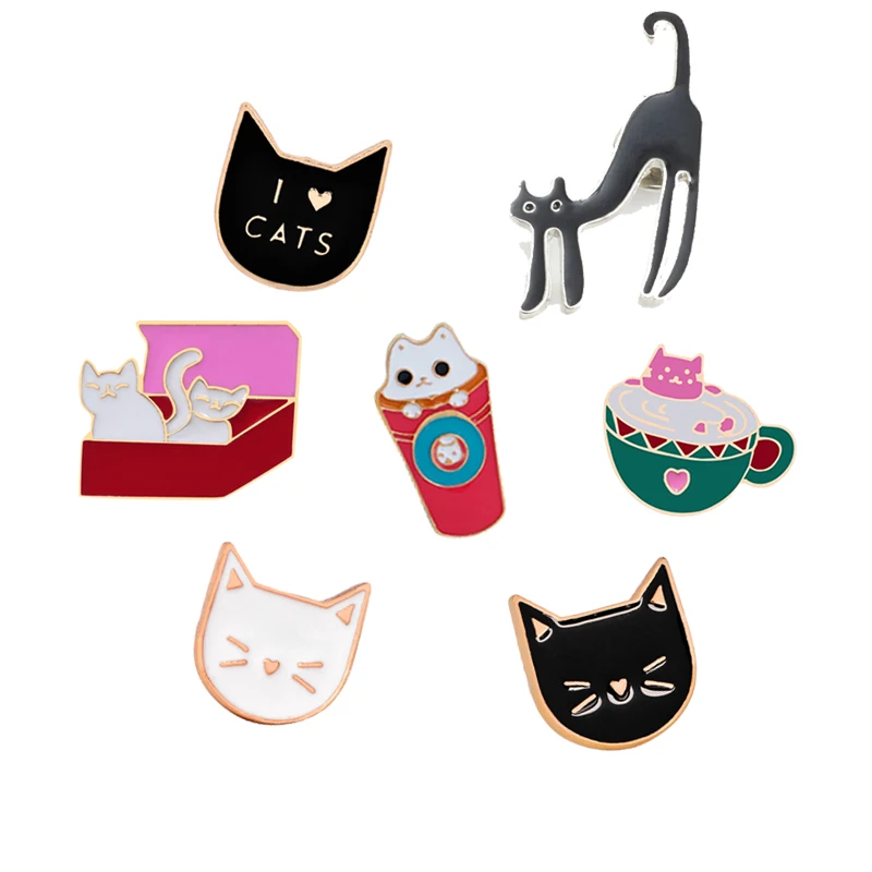 Cartoon Cute Animal Brooches Black White Cat Coffee Metal Enamel Pins Shirt Collar Lapel Pin Bag Badge Unisex Jewelry Lover Gift | Украшения