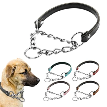 

5 Colors Martingale Dog Collar Half Choke Chain Leather Dogs Training Collar Soft Inner Padded For Medium Big Pet