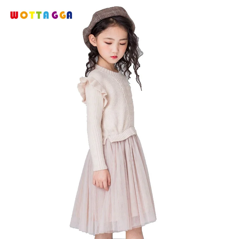

WOTTAGGA 2018 Girls Sweater Dress Long Sleeve Solid sweater Mesh Lace Dress Dropshipping Free delivery New Lotus Sleeve