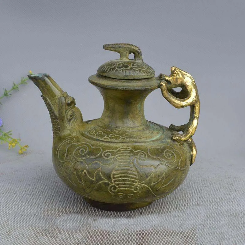 

Chinese Bronze Gilt Pixiu Dragon Beast Wine Tea Pot Flagon Kettle