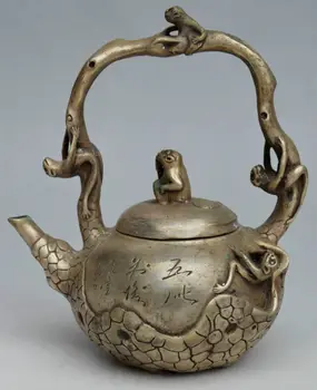 

Collectible Decorated Miao Silver Carved Monkey Climb Tree TeaPot