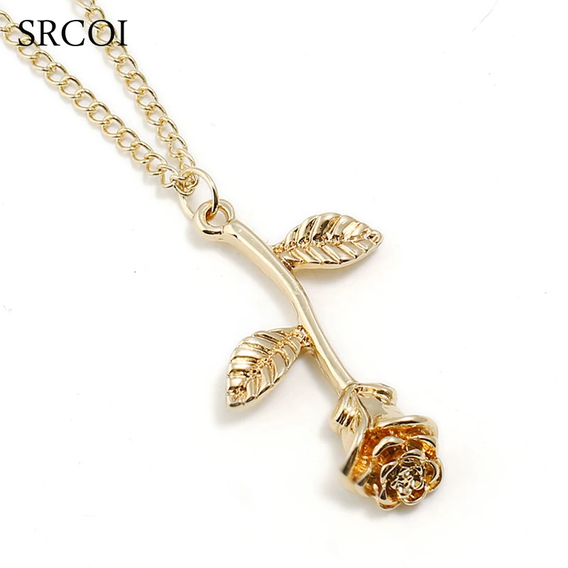 

SRCOI Delicate Metal Rose Flower Necklace Pendant 3 Color Boho Plant Vintage Necklaces Beauty Gold Color Bijoux Femme Collier