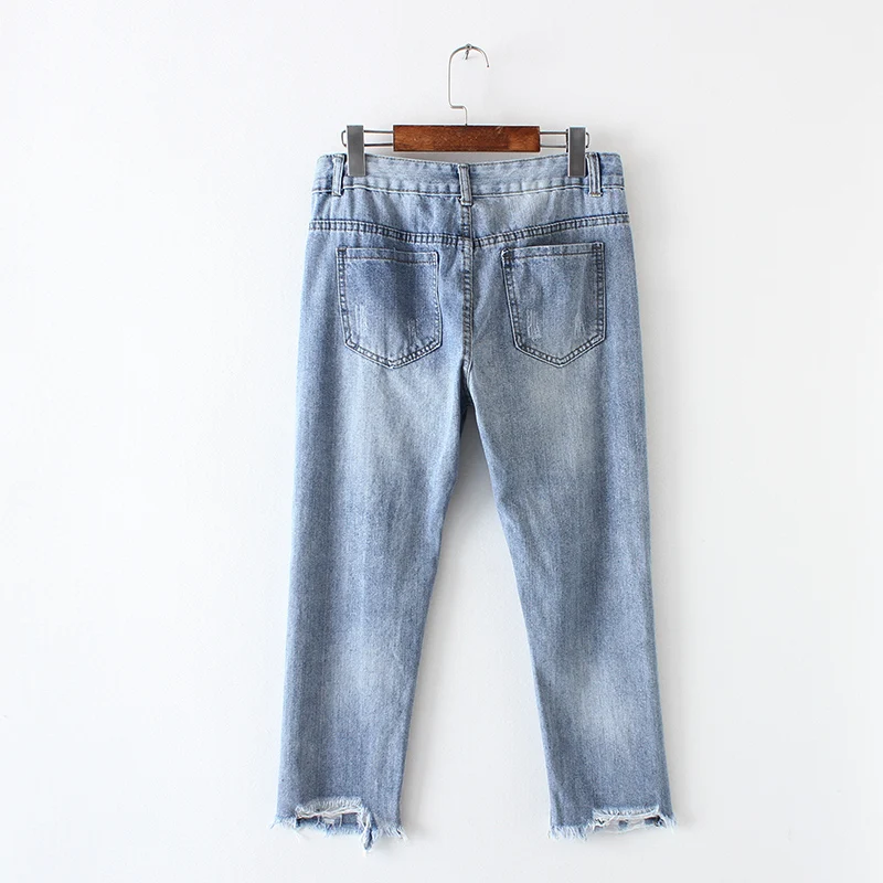 Потертые синие джинсовые рваные укороченные брюки-рваные джинсы с цветочной вышивкой и потертостями-потертые манжеты, рваные джинсы до колена