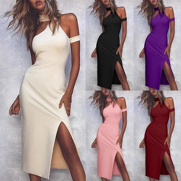 

2019 New Sexy Midi Summer Dress Women Pink Bodycon Party Dress Halter Off Shouler Jurkjes Femme