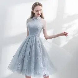 Красивое элегантное серое коктейльное вечернее платье Emily 2019 с отворотом, с коротким рукавом, с вышивкой, на молнии, вечернее платье