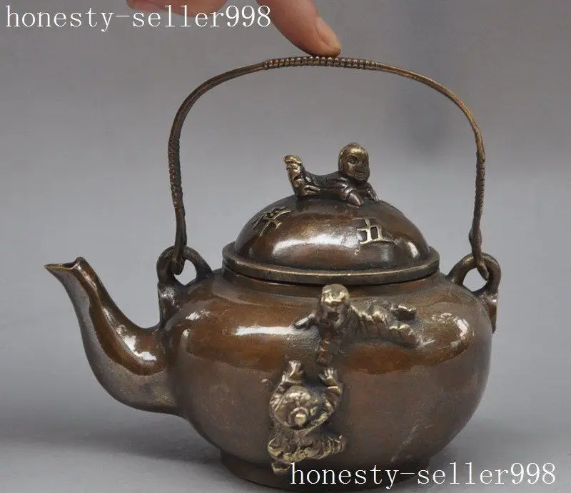 

Crafts statue Marked Chinese bronze Copper 5 Tong Zi Boy Lad Wine Tea Pot Flagon Teapot halloween