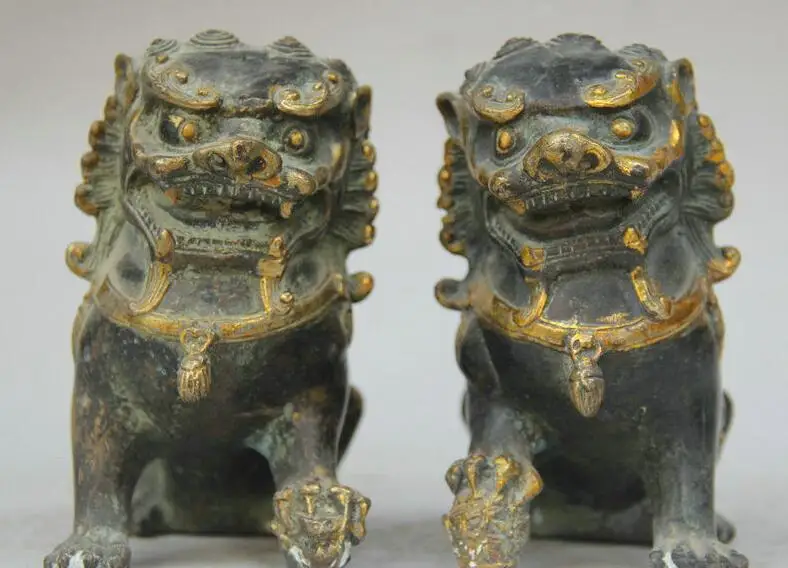 

Details about 5" Chinese Feng Shui Bronze Gilt Dragon Foo Doh Lion Kylin Statue Sculpture Pair