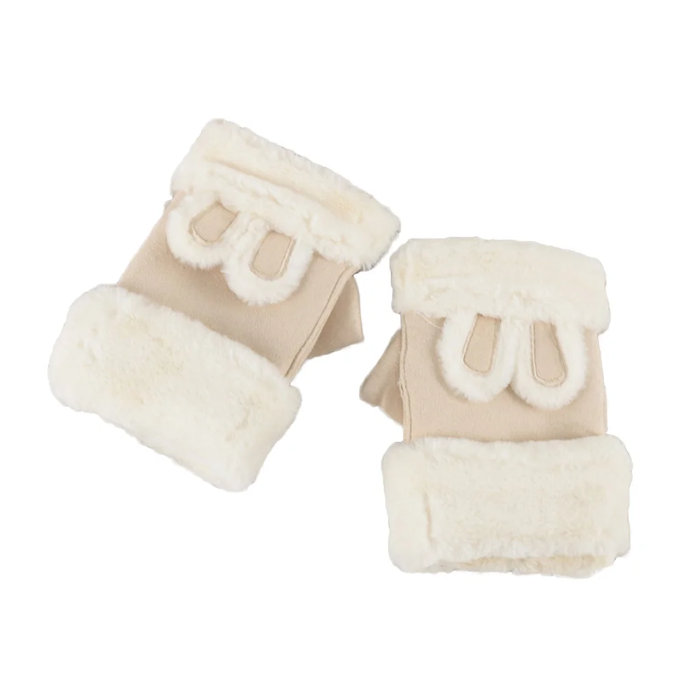 beige Женские перчатки с украшениями из кроличьего уха, двухслойные, половина пальцев, утолщенные перчатки, женские, с опущенными волосами, сохраняющие тепло зимние варежки - Цвет: beige