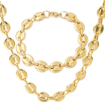 

GOKADIMA 11mm or 7mm flat bead chain necklace Set, Gold Color Stainless Steel Necklace wholesale