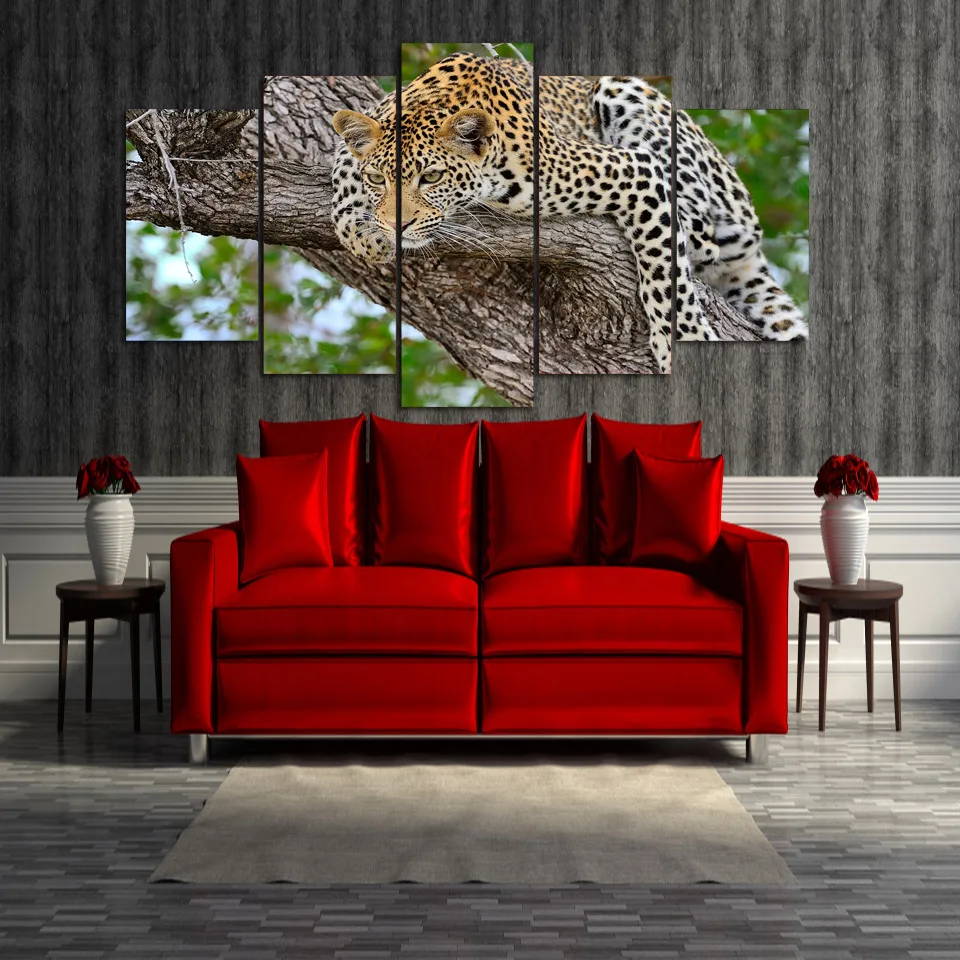 

Living Room HD Printed Modern Painting On Canvas 5 Panel Forest Leopard Modular Picture Wall Art Home Decoration Posters Frame