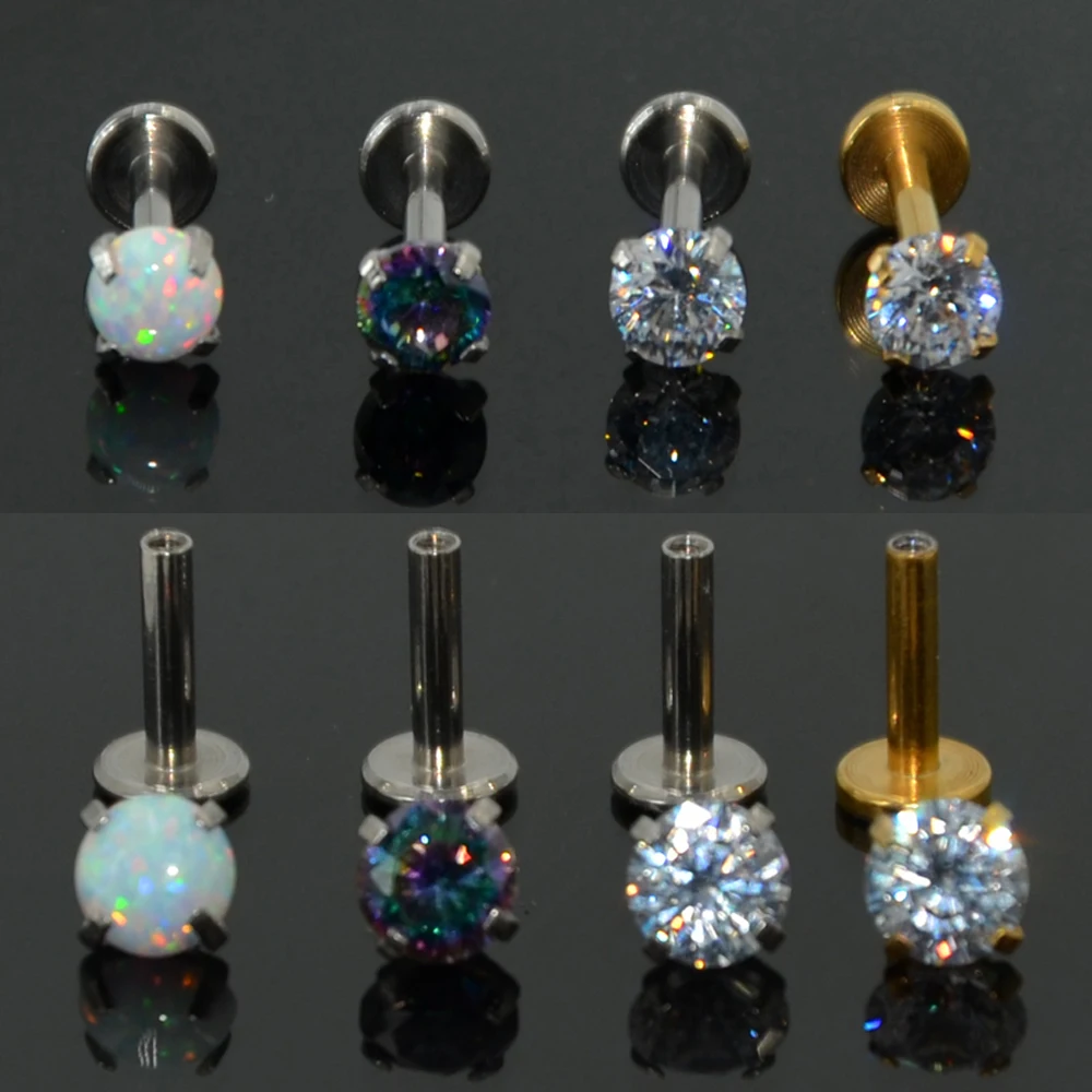 1Pc 2-4mm Surgial Steel Internally Thread Opal Zircon Stone Labret Lip Stud Ear Cartilage Helix Studs Piercing Body Jewelry 16g
