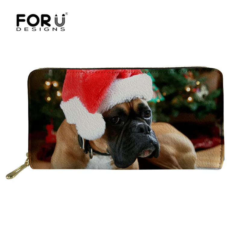 FORUDESIGNS Custom Images Christmas Boxer Dog Ladies Wallet Women Leather Purse Multifunction Women Wallet with Zipper Money Bag 