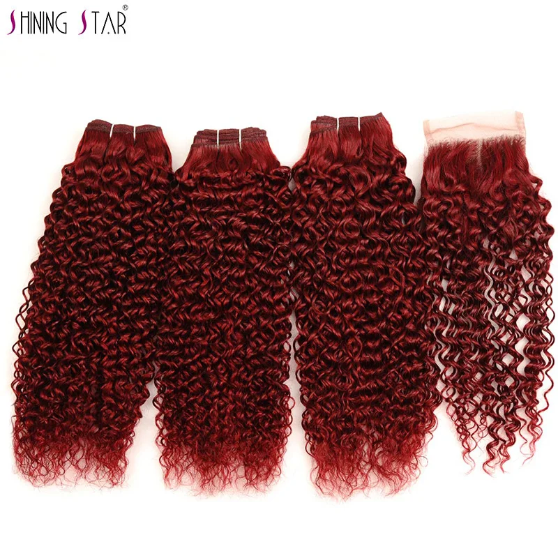 Предварительно цветные малазийские кудрявые вьющиеся пучки с закрытием бордовые 3 красные 99J натуральные волосы ткет пучки с закрытием не