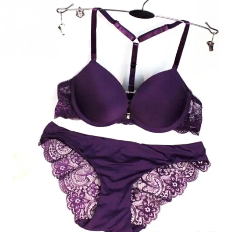 Sexy Elegant Lace Bra and Panty Set Women Smooth Surface Bra Underwear Lady Push Up Bra Lingeries Set Brief Set Black Purple Sexy Elegant Lace Bra and Panty Set Women Smooth Surface Bra Underwear Lady Push Up Bra Lingeries Set Brief Set Black Purple