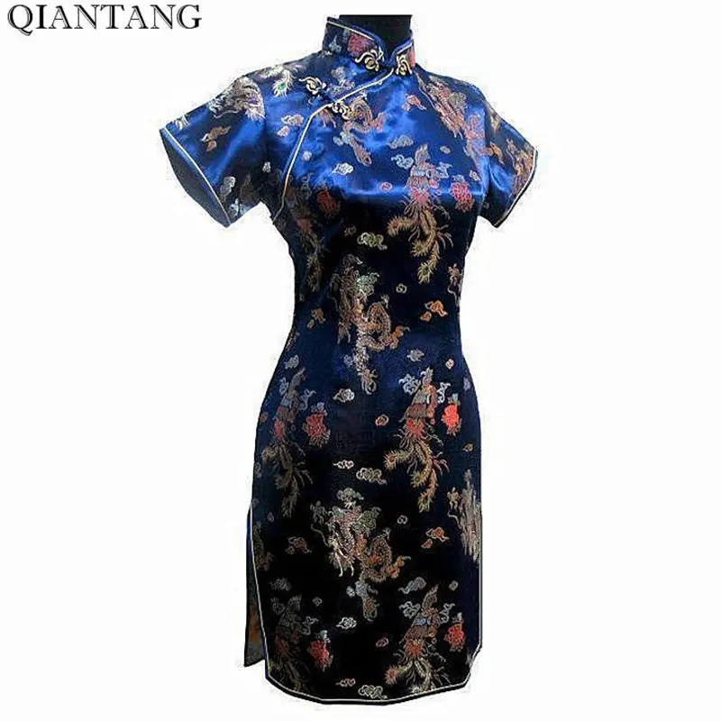 

Plus Size 3XL 4XL 5XL 6XL Mini Cheongsam Navy Blue Vintage Chinese Style Womens Qipao Dress Short Vestido S M L XL XXL