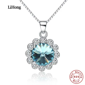 

100%925 Sterling Silver Necklace Beautiful Blue Crystal Pendant Necklace Woman Charm Jewelry Gift