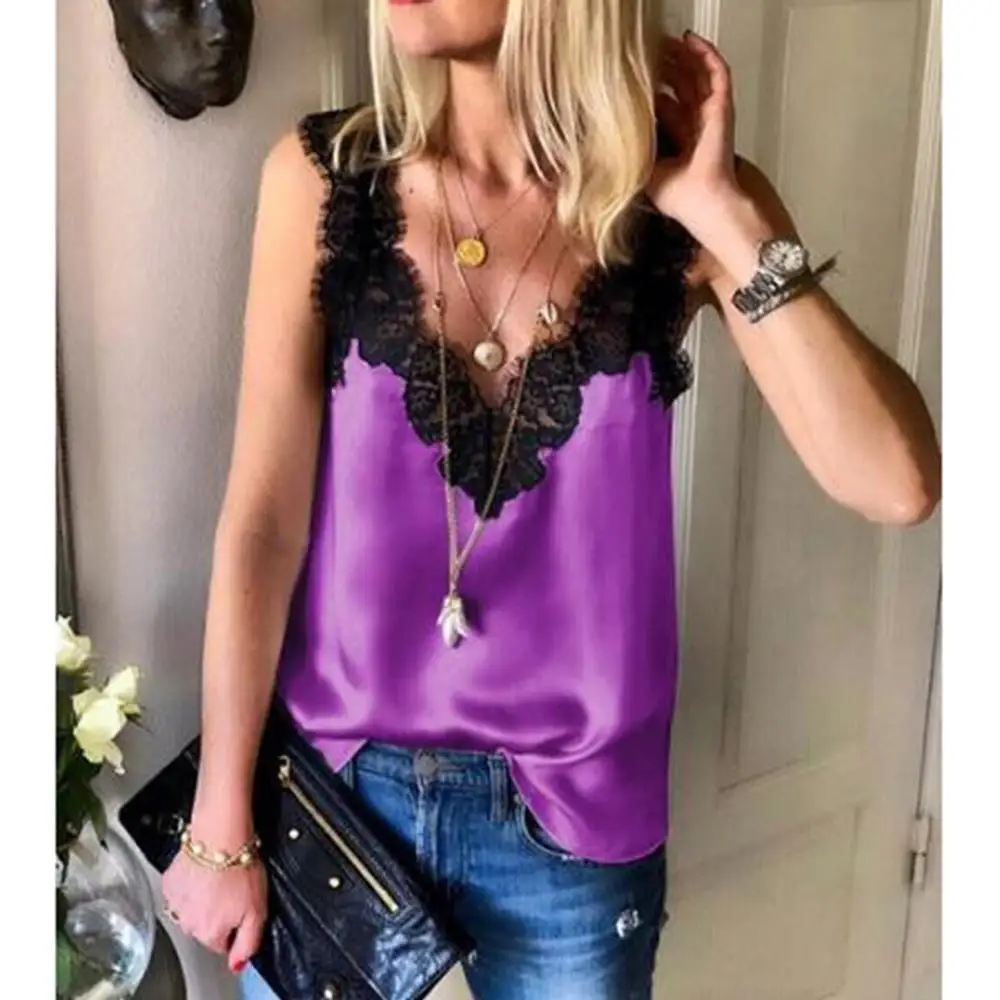 Женская Повседневная футболка без рукавов белая однотонная Кружевная с v