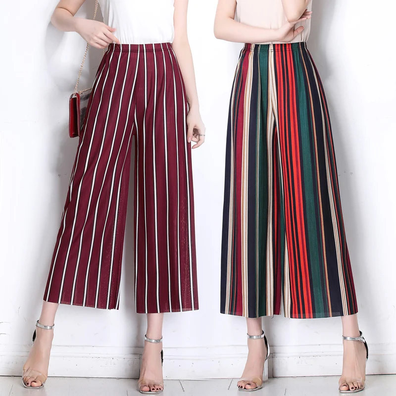 Women New Summer Wide Leg Pants Casual Loose High Elastic Waist Harem Pants Loose Chiffon Striped Elastic Office Trousers