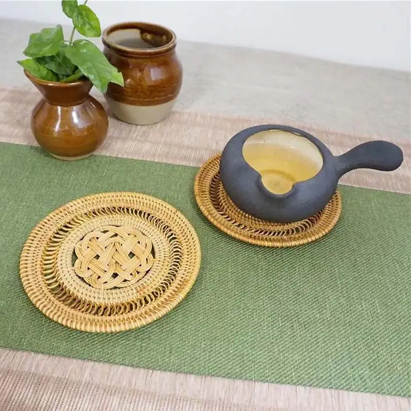 

Creative Round Hand-made Rattan Coaster Mat Kung Fu Tea Coaster Tea Set Ceremony Accessory Home Kitchen Gift