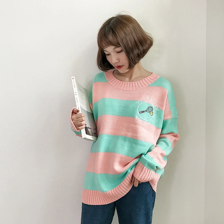 Women'S Sweaters Korean Harajuku Ulzzang Striped Cartoon Racket Loose Sweater Pullover Female Punk Clothing For Women
