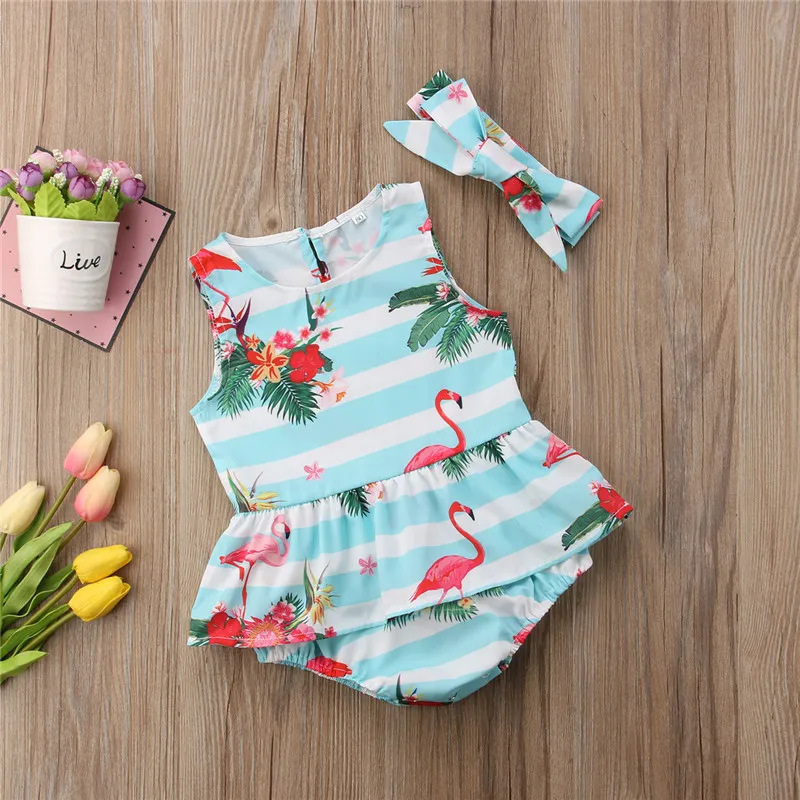 

Newborn Baby Girl Clothes Flamingo flower print round neck Ruffle sleeveless striped Bodysuit Bow Headband 2pc cotton kid Outfit