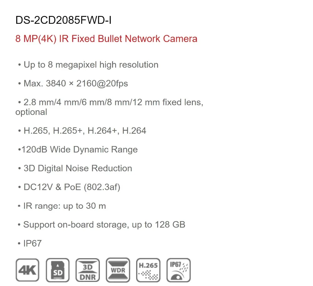 Hikvision 8MP CCTV камера обновляемая DS-2CD2085FWD-I ip-камера с высоким разрешением WDR POE Bullet Камера Безопасности со слотом для SD карты