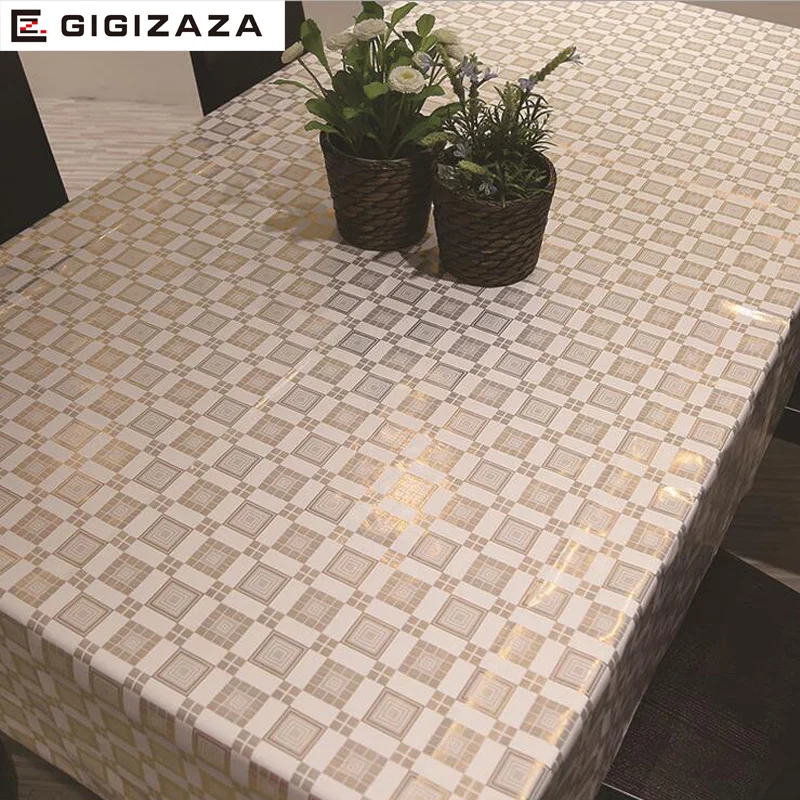 

Gold Printed PVC Table Cloth Protector Desk Pad Soft Glass Dining Tablecloth Transparent Top Table Cloth Plastic Mat 137