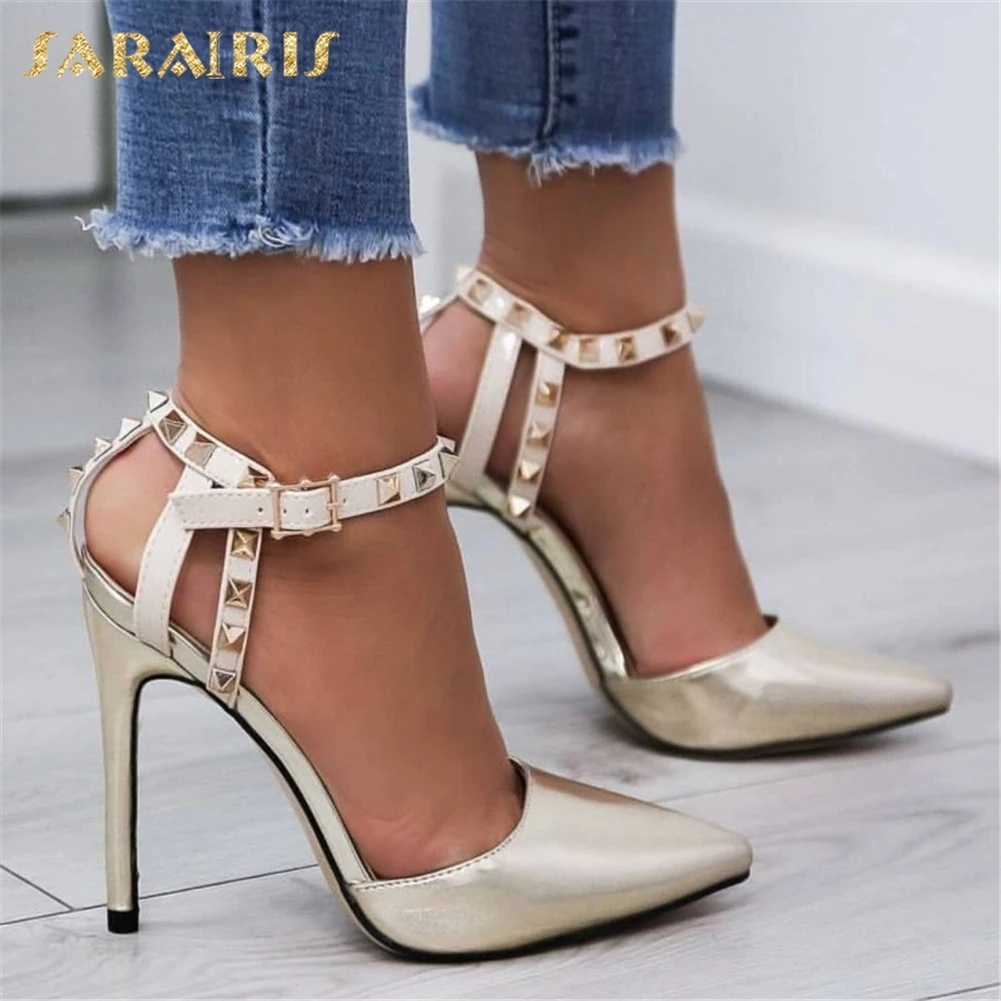 

SARAIRIS Brand Sexy High Heel Women Shoes Sandals Top Quality PVC Rivets Lady Summer Party Pointed Toe Thin Heels Shoes Woman