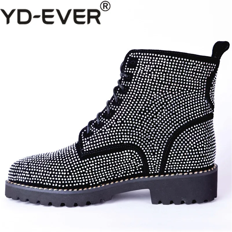 

YD-EVER Fashion Brand Women Rhinestone Party Wedding Shoes Woman High Heels Lace Up Motorcycle Boots Night Club Party Shoes