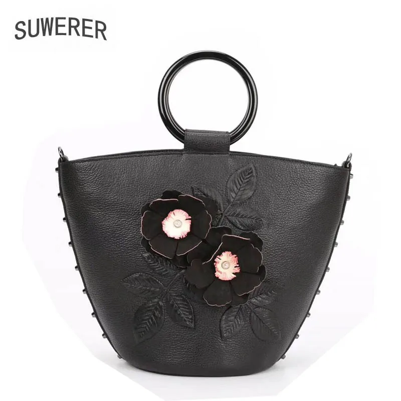 

SUWERER 2019 New women bag genuine leather brands top cowhide Handmade flower fashion women handbags leather shoulder bag