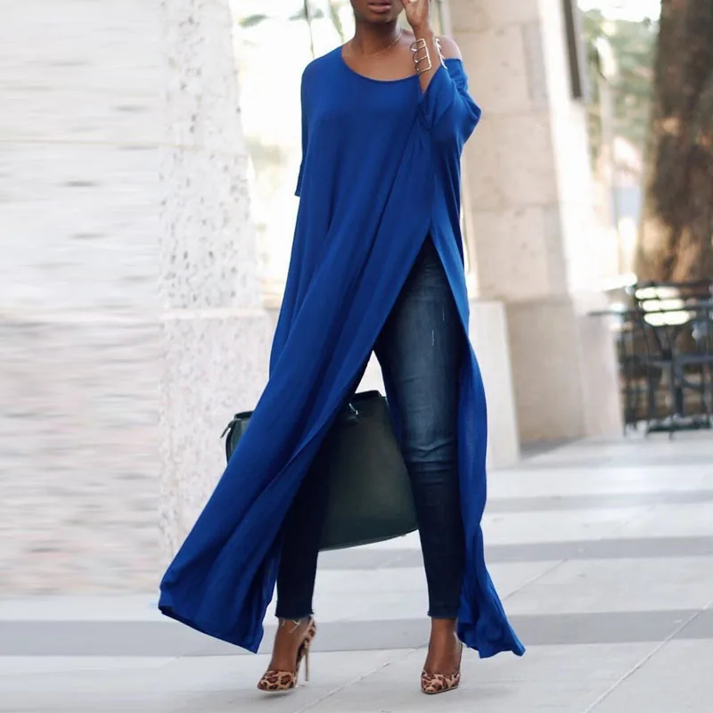 

2019 ZANZEA Women Sexy Off Shoulder 3/4 Sleeve High Split Long Blouse Solid Loose OL Work Party Pullover Top Blusas Plus Size