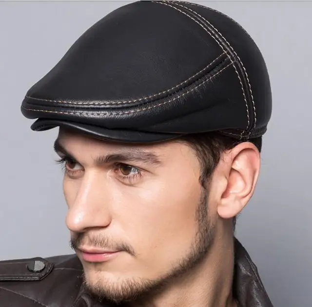 2017 cowhide genuine leather men berets cap hat high quality fashion