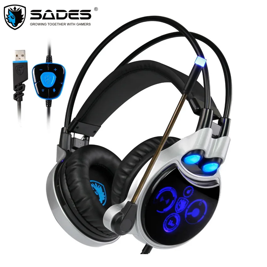 SADES R8 Virtual 7.1 Sound Channel Wired PC Gaming Headset Fashion Over-Ear Headphones with Microphone Breathing Light for Gamer sades a70 2017 new 7 1 virtual surround sound usb gaming headset with microphone control breathing led lights lamp for pc gamer