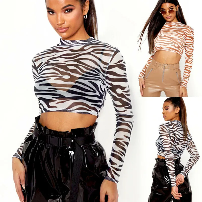 

Sexy Women Sheer Mesh Crop Tops Long Sleeve Turtleneck See-through T-Shirt Zebra Print Bodycon Slim Clubwear Summer T-shirt 2019