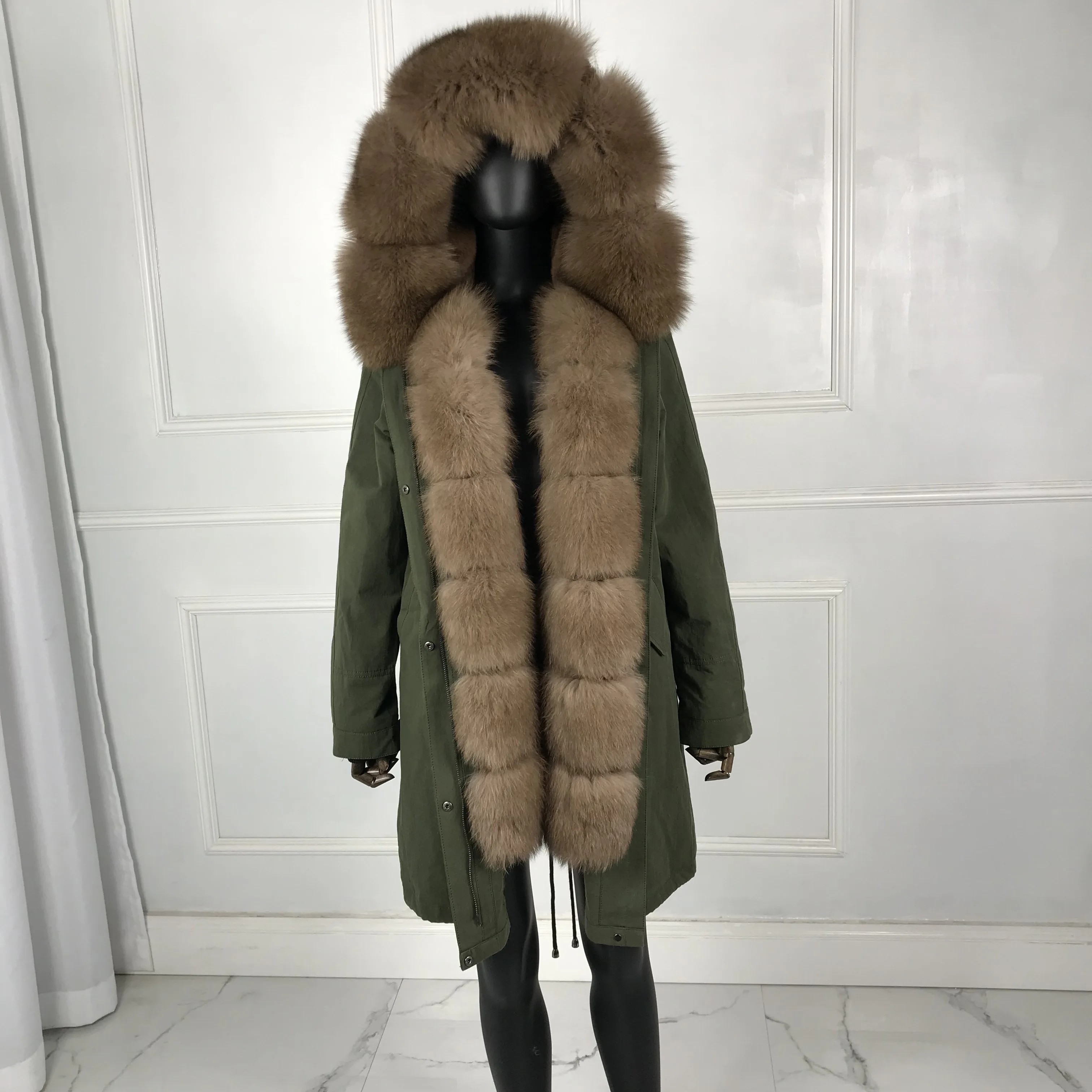 Ceny Luksusowy płaszcz z prawdziwego futra nowa moda kobieta prawdziwy królik futrzana podszewka Parka duże ciepłe futro lisa z kapturem płaszcz znosić kurtka zimowa