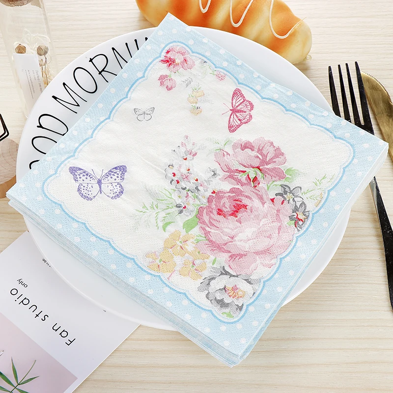 Декупаж Свадебная винтажная бумага для салфеток элегантная ткань розовый голубой цветок бабочка день рождения красивые украшения для салфеток 20