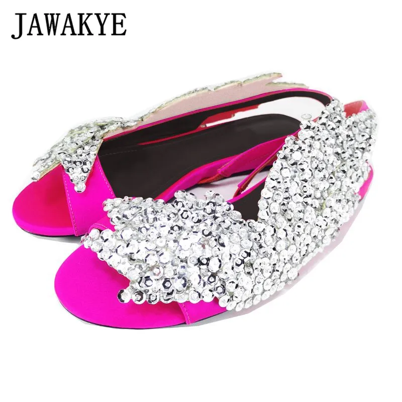 

Women Sequins Flat Sandals Rose Red Silk Paillette Wing Beach Sandals Peep Toe Slip On Slingbacks Summer Flat Shoes Mujer Sandal