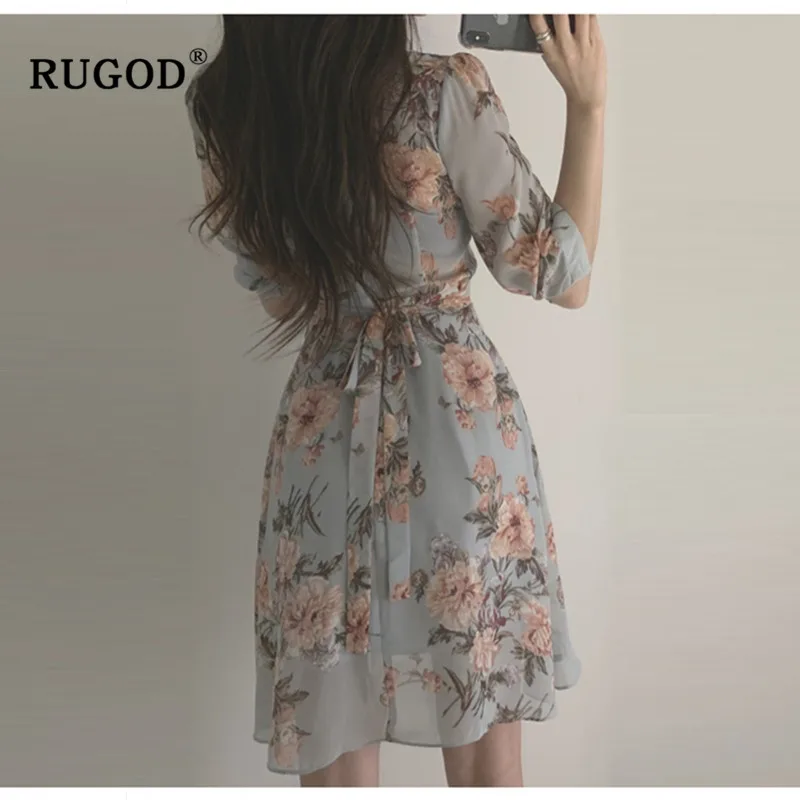 RUGOD الكورية الأزهار المطبوعة الشيفون النساء اللباس أزياء فانوس الأكمام الدانتيل يصل السيدات اللباس vestidos 2019 الكشكشة الصيف فساتين
