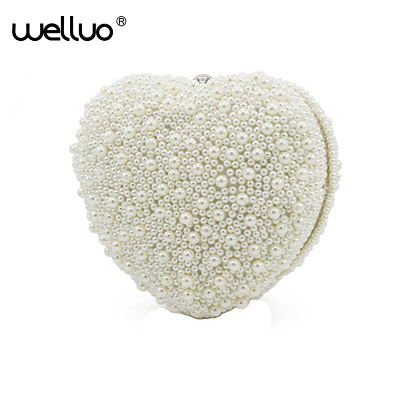 

Pearl Beading Evening Clutch Women Heart Shaped Purse Handbags Chain Shoulder Bag Bridal Clutch Wedding Pochette Soiree XA679B